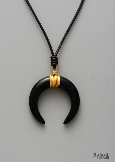 Boho Necklace, Ox Horn, Shell White and Black Onyx Crescent